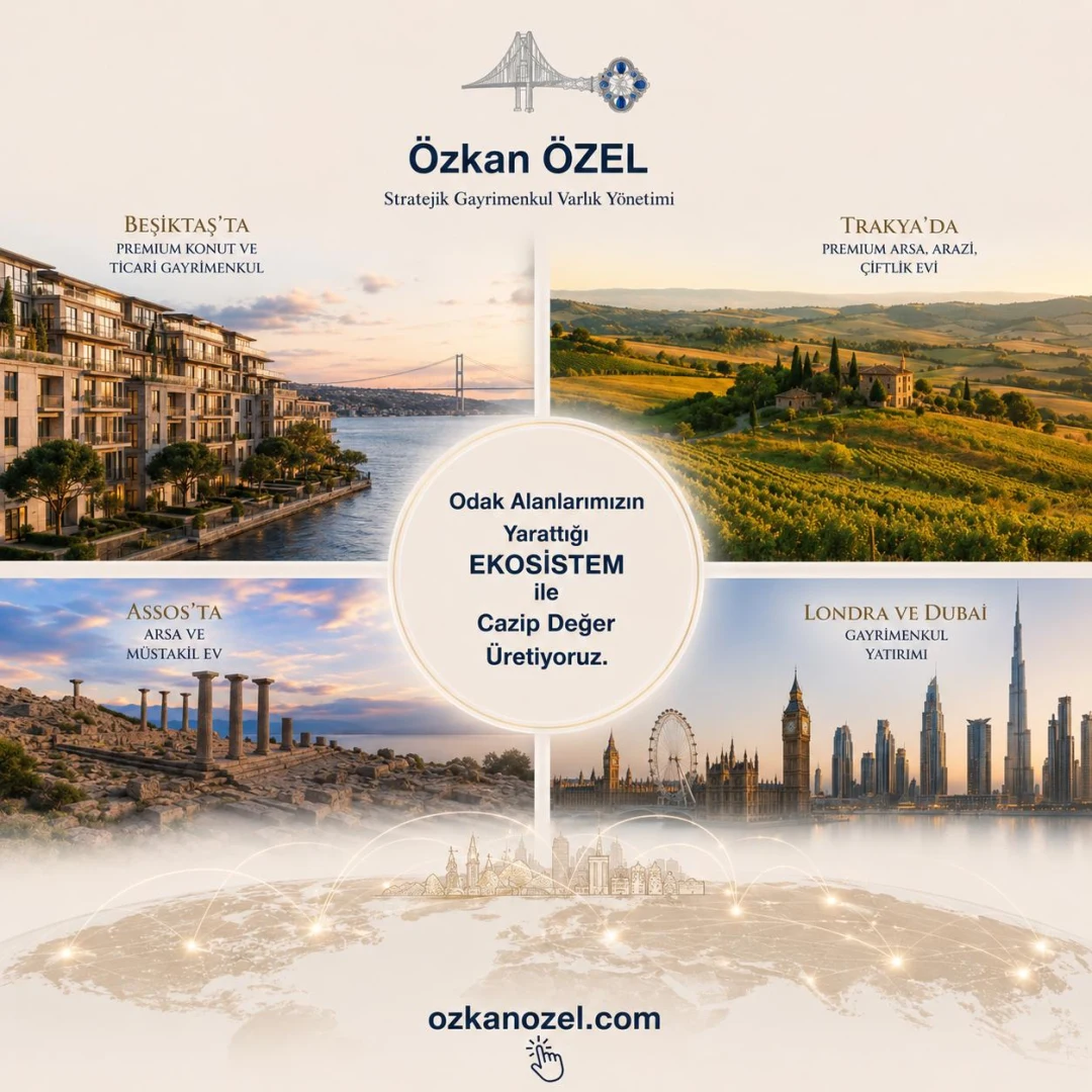 Özkan Özel gayrimenkul ekosistemi — Beşiktaş'ta premium konut ve ticari gayrimenkul, Trakya'da premium arsa, arazi ve çiftlik evi, Assos'ta arsa ve müstakil ev, Londra ve Dubai gayrimenkul yatırımı